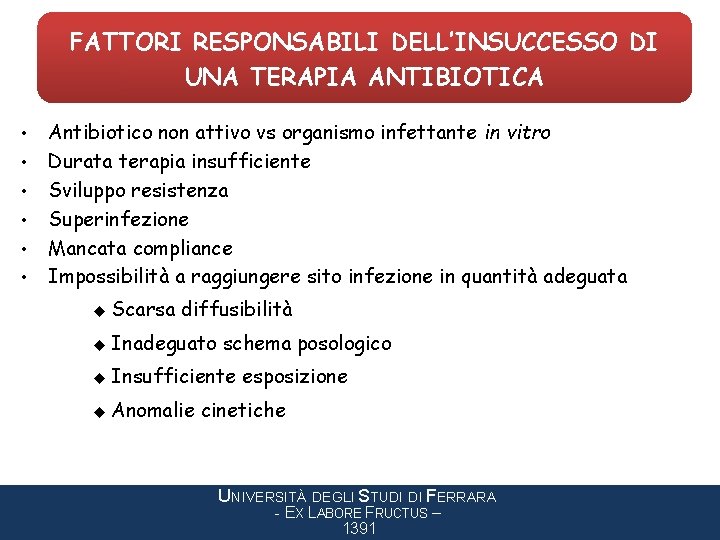 FATTORI RESPONSABILI DELL’INSUCCESSO DI UNA TERAPIA ANTIBIOTICA • • • Antibiotico non attivo vs
