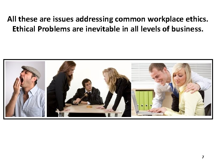 All these are issues addressing common workplace ethics. Ethical Problems are inevitable in all