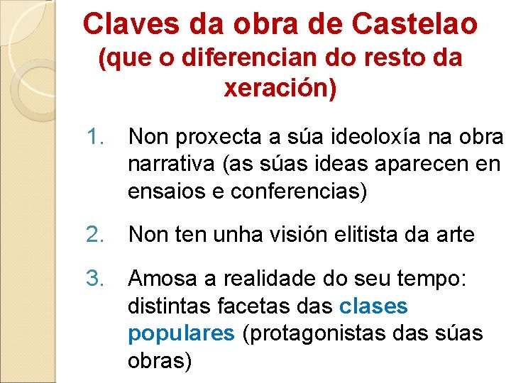 Claves da obra de Castelao (que o diferencian do resto da xeración) 1. Non