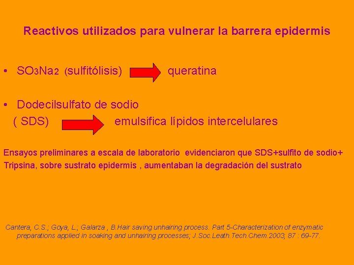 Reactivos utilizados para vulnerar la barrera epidermis • SO 3 Na 2 (sulfitólisis) queratina