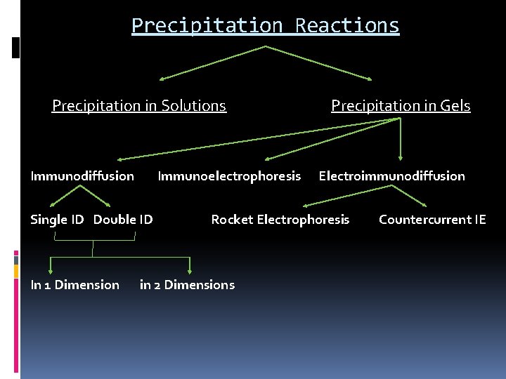 Precipitation Reactions Precipitation in Solutions Immunodiffusion Immunoelectrophoresis Single ID Double ID In 1 Dimension