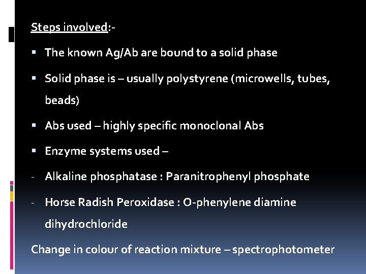 Steps involved: The known Ag/Ab are bound to a solid phase Solid phase is