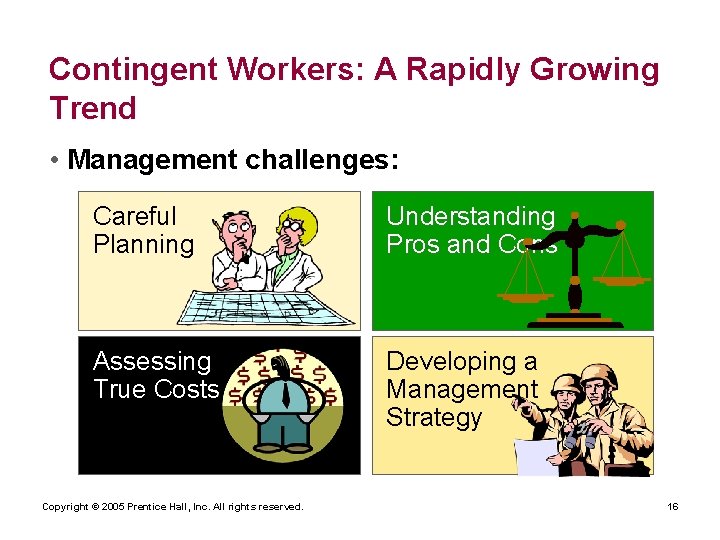 Contingent Workers: A Rapidly Growing Trend • Management challenges: Careful Planning Understanding Pros and