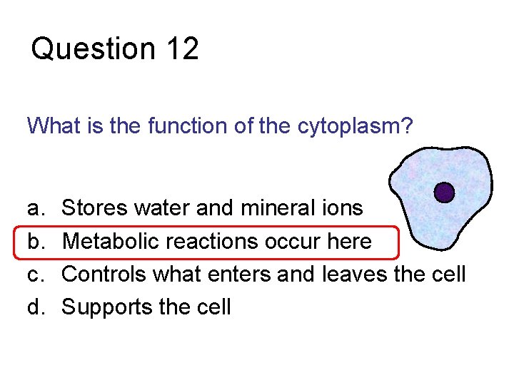 Question 12 What is the function of the cytoplasm? a. b. c. d. Stores