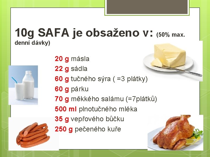 10 g SAFA je obsaženo v: (50% max. denní dávky) 20 g másla 22