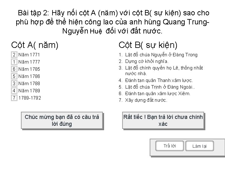 Bài tập 2: Hãy nối cột A (năm) với cột B( sự kiện) sao