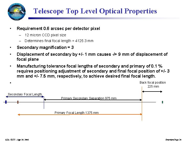 Telescope Top Level Optical Properties • Requirement 0. 6 arcsec per detector pixel –