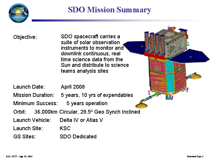 SDO Mission Summary Objective: SDO spacecraft carries a suite of solar observation instruments to
