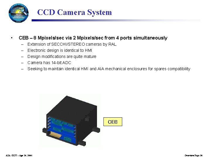 CCD Camera System • CEB – 8 Mpixels/sec via 2 Mpixels/sec from 4 ports