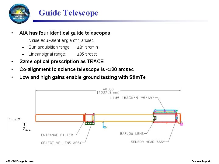 Guide Telescope • AIA has four identical guide telescopes – Noise equivalent angle of