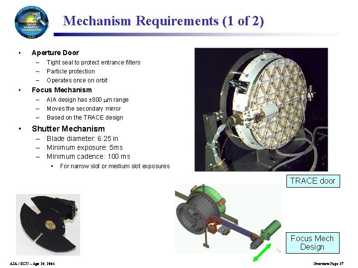 Mechanism Requirements (1 of 2) • Aperture Door – – – • Focus Mechanism