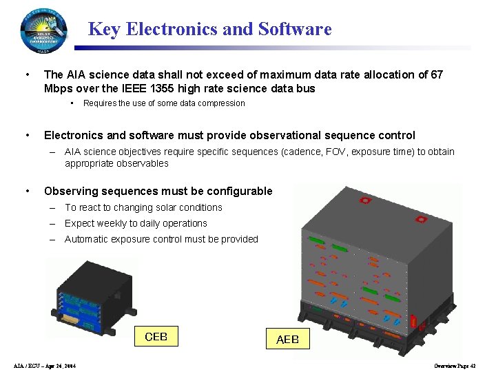 Key Electronics and Software • The AIA science data shall not exceed of maximum