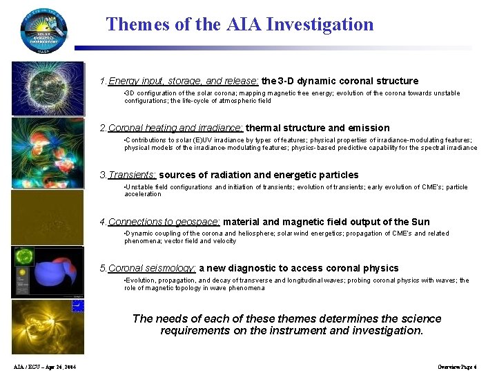 Themes of the AIA Investigation 1. Energy input, storage, and release: the 3 -D