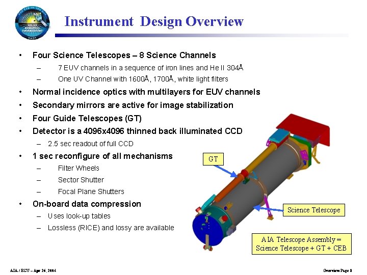 Instrument Design Overview • Four Science Telescopes – 8 Science Channels – 7 EUV