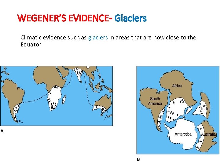 WEGENER’S EVIDENCE- Glaciers Climatic evidence such as glaciers in areas that are now close