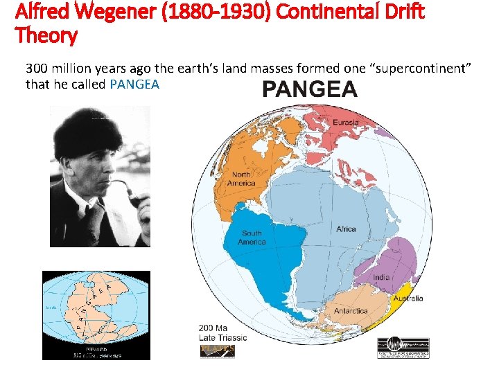 Alfred Wegener (1880 -1930) Continental Drift Theory 300 million years ago the earth’s land