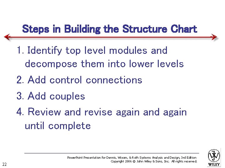 Steps in Building the Structure Chart 1. Identify top level modules and decompose them