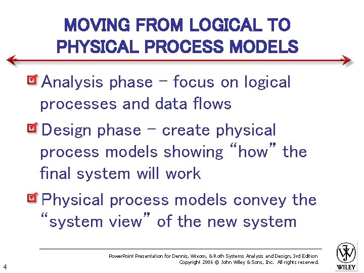 MOVING FROM LOGICAL TO PHYSICAL PROCESS MODELS Analysis phase – focus on logical processes