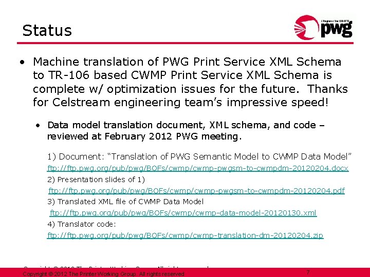 Status • Machine translation of PWG Print Service XML Schema to TR-106 based CWMP