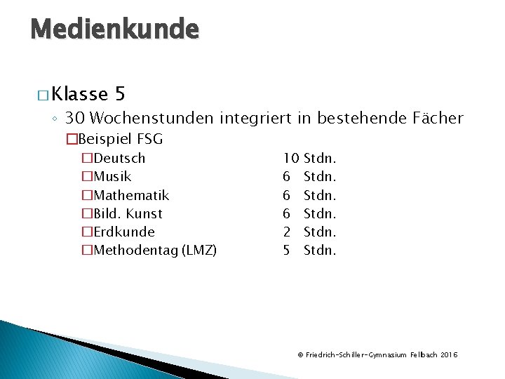 Medienkunde � Klasse 5 ◦ 30 Wochenstunden integriert in bestehende Fächer �Beispiel FSG �Deutsch