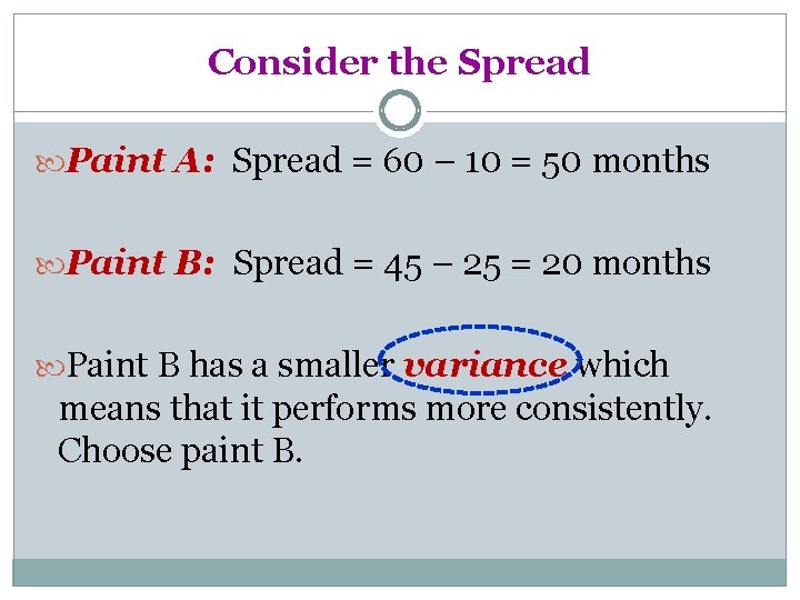 Consider the Spread Paint A: Spread = 60 – 10 = 50 months Paint