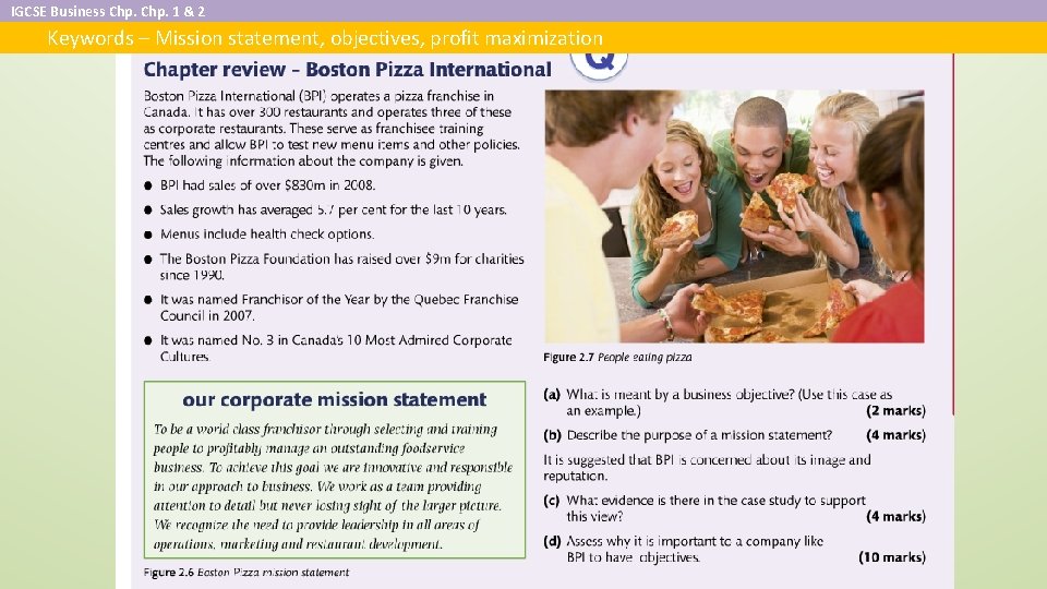 IGCSE Business Chp. 1 & 2 Keywords – Mission statement, objectives, profit maximization 