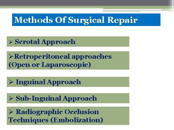 Methods Of Surgical Repair Ø Scrotal Approach ØRetroperitoneal approaches (Open or Laparoscopic) Ø Inguinal