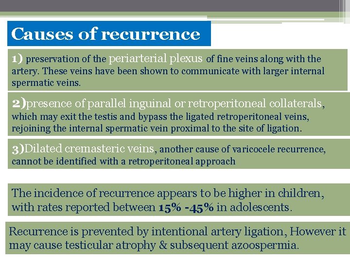 Causes of recurrence 1) preservation of the periarterial plexus of fine veins along with