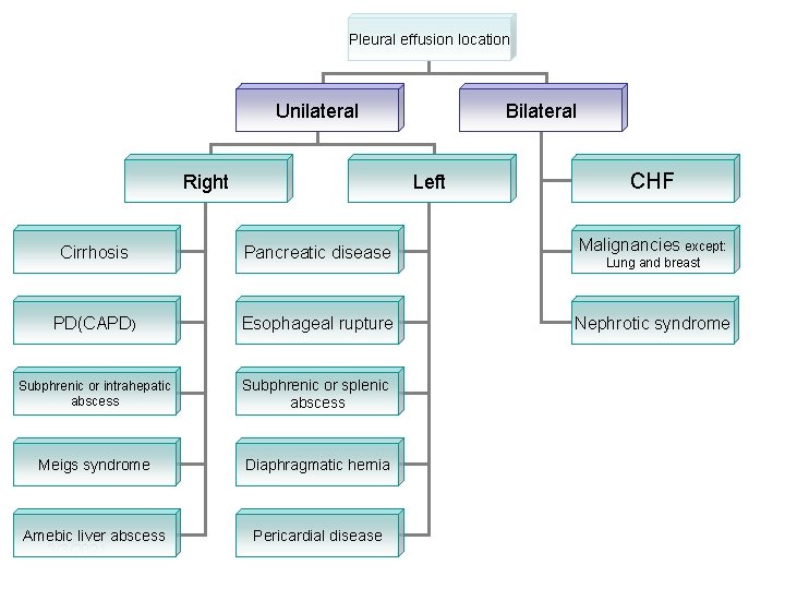 Pleural effusion location Unilateral Right Bilateral Left CHF Cirrhosis Pancreatic disease Malignancies except: PD(CAPD) Pleural effusion location Unilateral Right Bilateral Left CHF Cirrhosis Pancreatic disease Malignancies except: PD(CAPD)