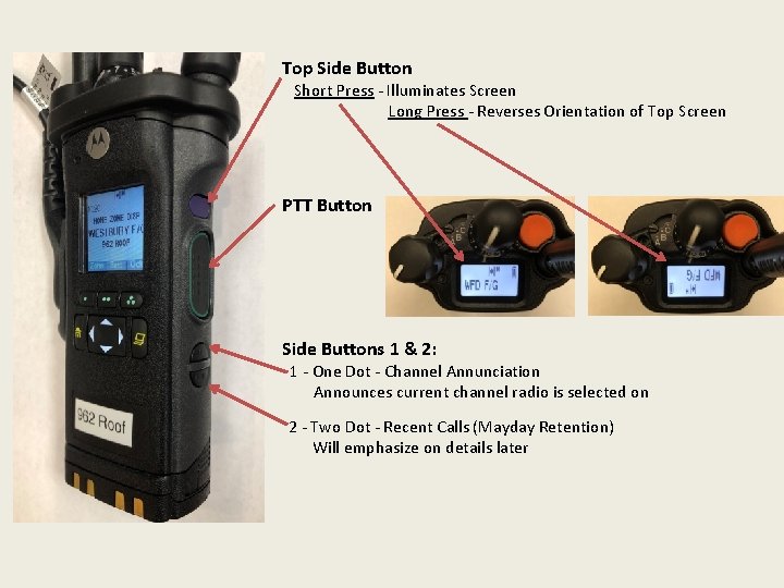 Top Side Button Short Press - Illuminates Screen Long Press - Reverses Orientation of