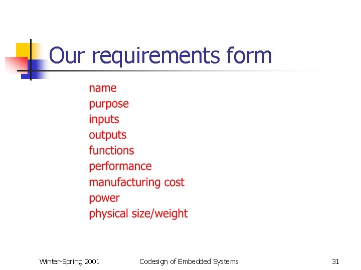 Our requirements form Winter-Spring 2001 Codesign of Embedded Systems 31 