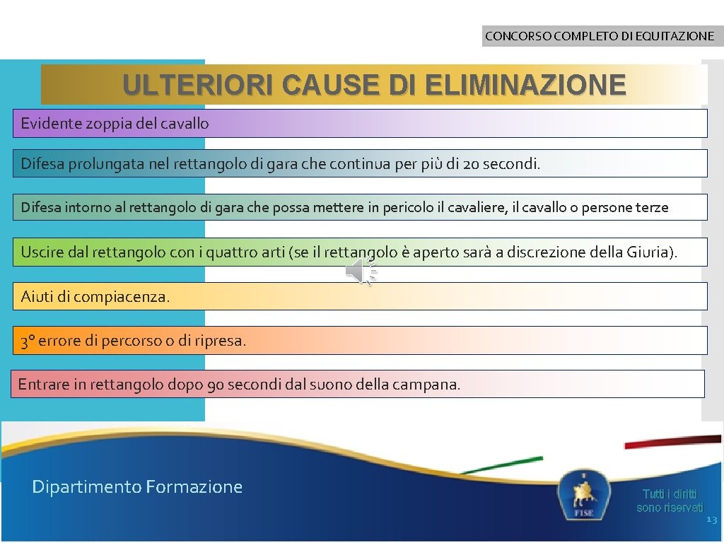 CONCORSO COMPLETO DI EQUITAZIONE ULTERIORI CAUSE DI ELIMINAZIONE Evidente zoppia del cavallo Difesa prolungata
