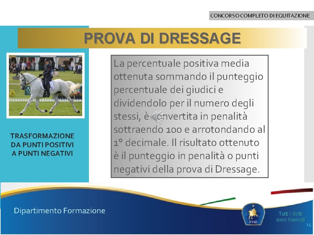 CONCORSO COMPLETO DI EQUITAZIONE PROVA DI DRESSAGE TRASFORMAZIONE DA PUNTI POSITIVI A PUNTI NEGATIVI