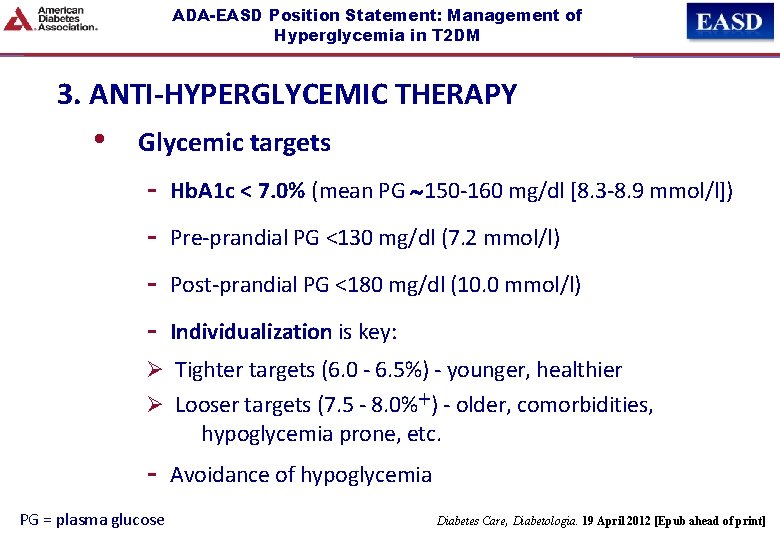 ADA-EASD Position Statement: Management of Hyperglycemia in T 2 DM 3. ANTI-HYPERGLYCEMIC THERAPY •