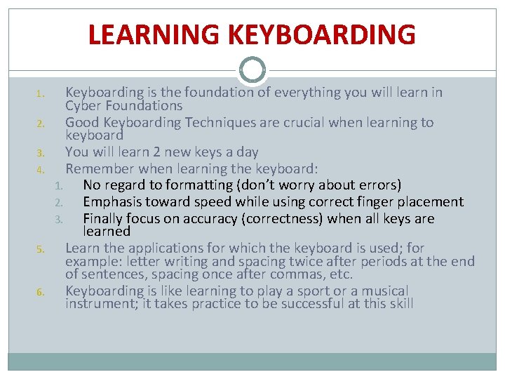 LEARNING KEYBOARDING 1. 2. 3. 4. 5. 6. Keyboarding is the foundation of everything LEARNING KEYBOARDING 1. 2. 3. 4. 5. 6. Keyboarding is the foundation of everything