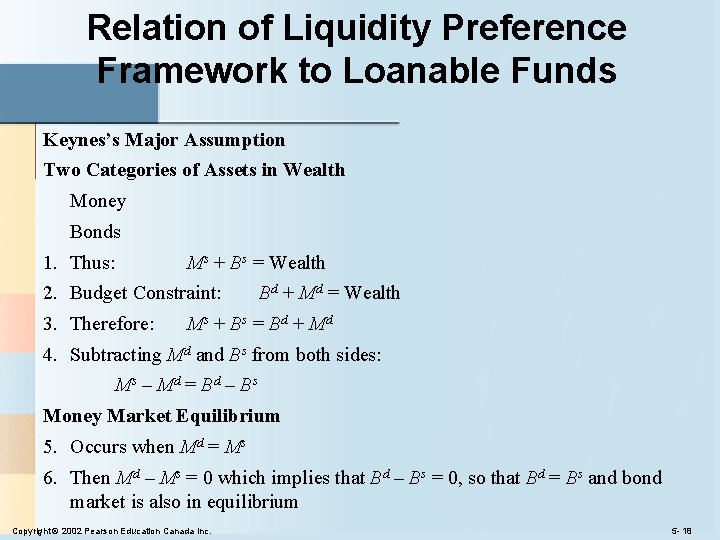 Relation of Liquidity Preference Framework to Loanable Funds Keynes’s Major Assumption Two Categories of