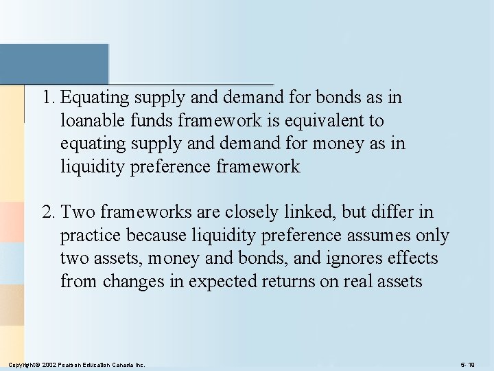 1. Equating supply and demand for bonds as in loanable funds framework is equivalent