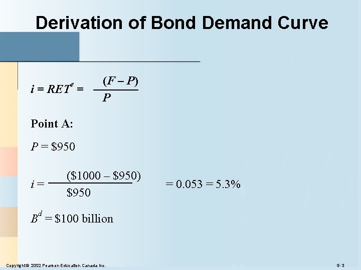 Derivation of Bond Demand Curve e i = RET = (F – P) P