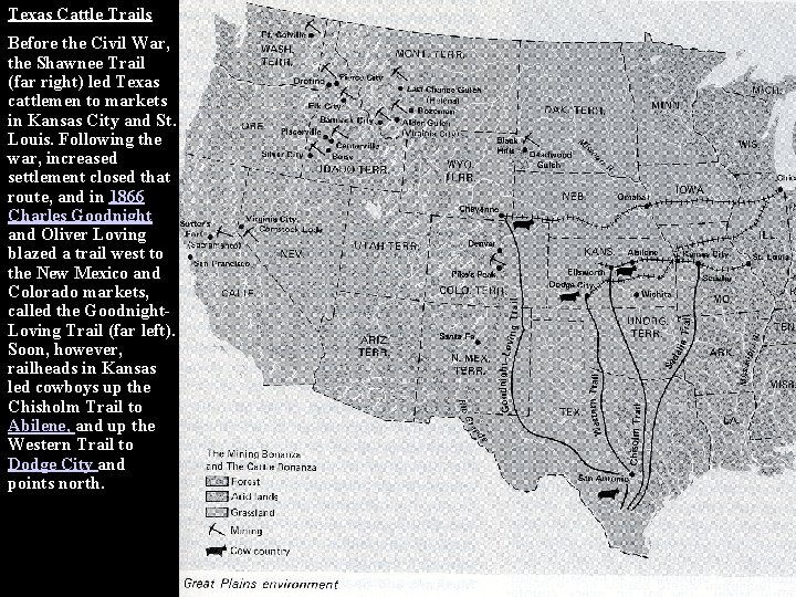 Texas Cattle Trails Before the Civil War, the Shawnee Trail (far right) led Texas