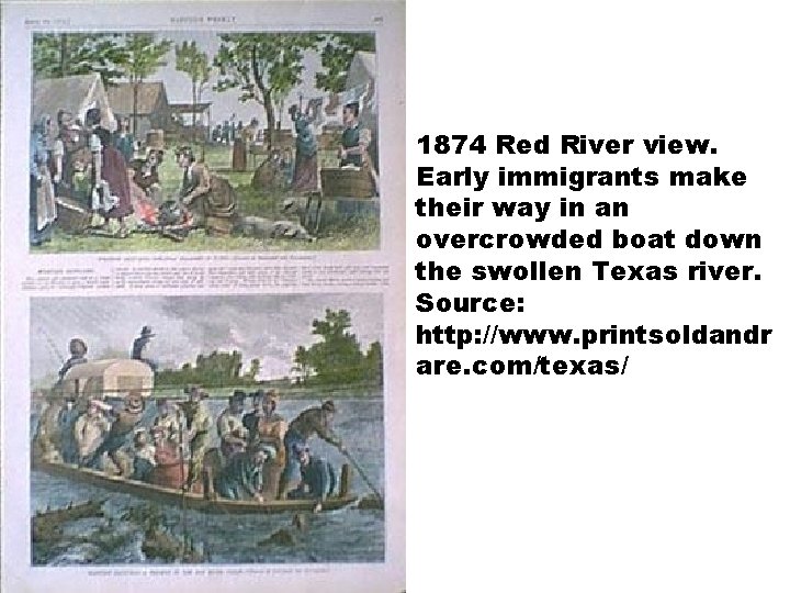 1874 Red River view. Early immigrants make their way in an overcrowded boat down