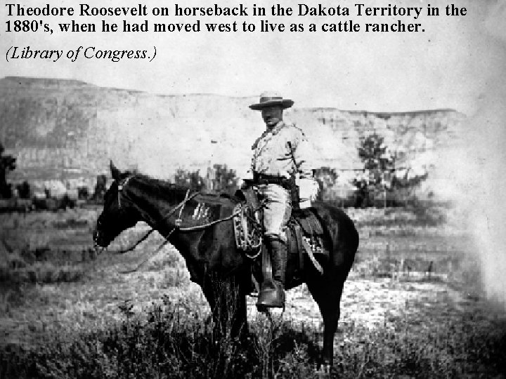 Theodore Roosevelt on horseback in the Dakota Territory in the 1880's, when he had