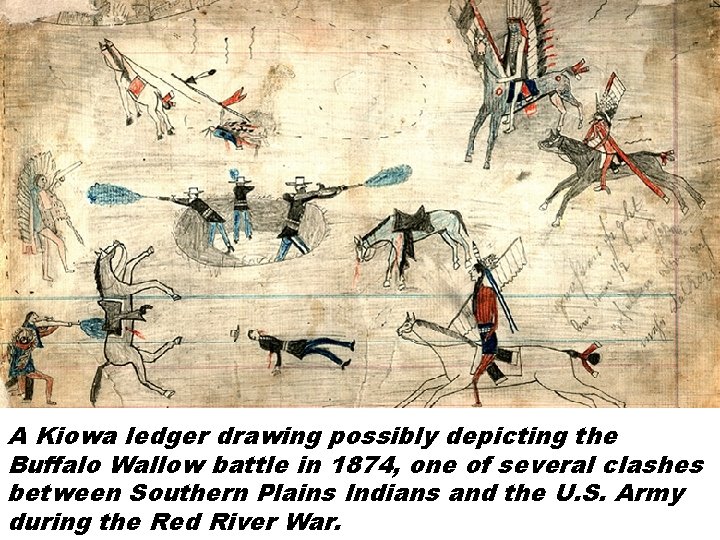 A Kiowa ledger drawing possibly depicting the Buffalo Wallow battle in 1874, one of