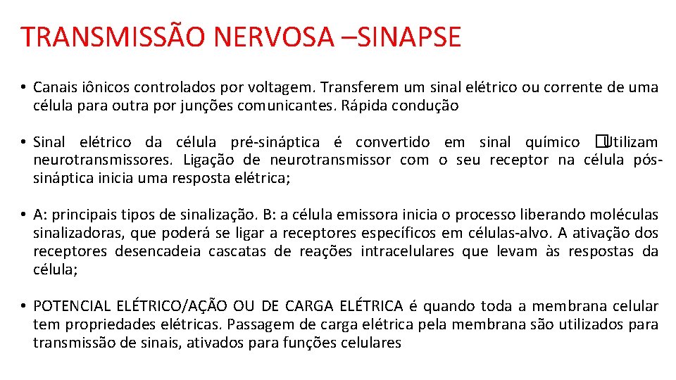 TRANSMISSÃO NERVOSA –SINAPSE • Canais iônicos controlados por voltagem. Transferem um sinal elétrico ou