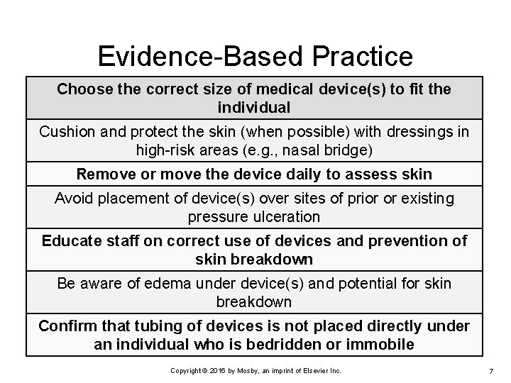 Evidence-Based Practice Choose the correct size of medical device(s) to fit the individual Cushion