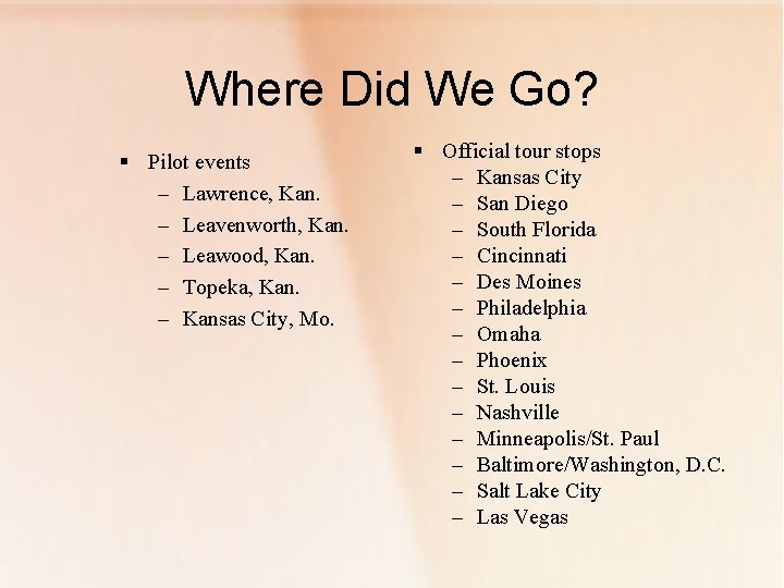 Where Did We Go? § Pilot events – Lawrence, Kan. – Leavenworth, Kan. –