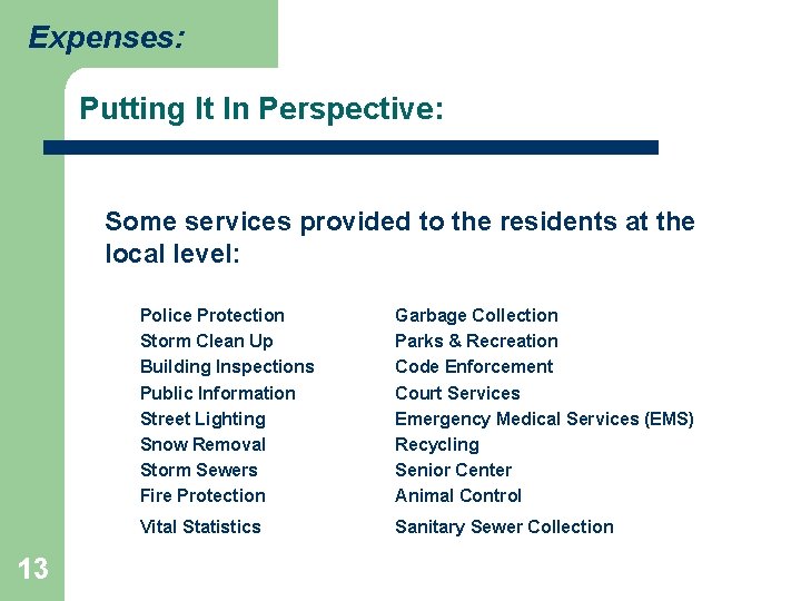 Expenses: Putting It In Perspective: Some services provided to the residents at the local