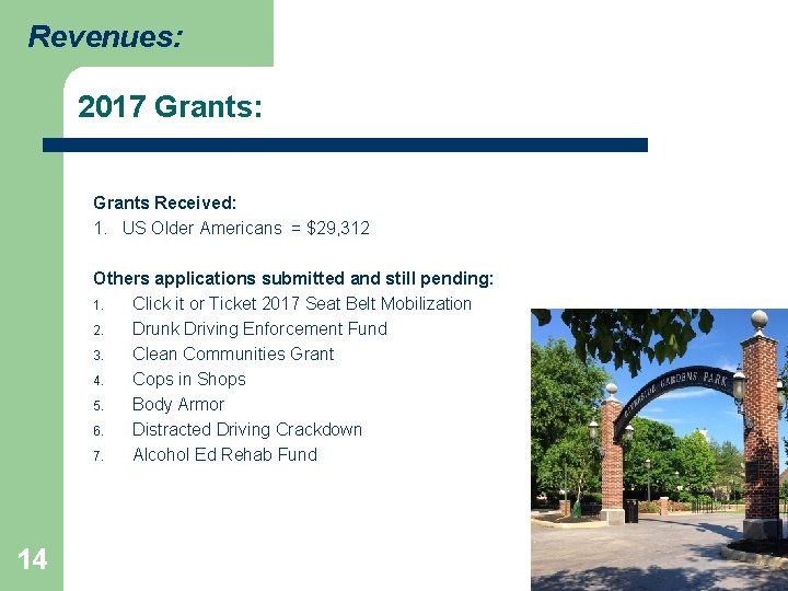 Revenues: 2017 Grants: Grants Received: 1. US Older Americans = $29, 312 Others applications