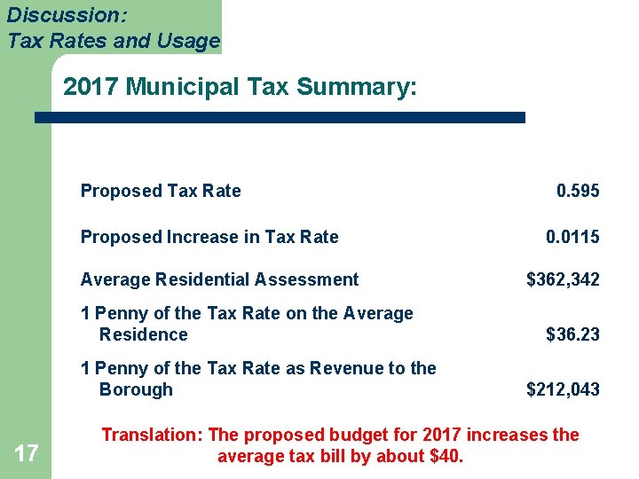 Discussion: Tax Rates and Usage 2017 Municipal Tax Summary: Proposed Tax Rate Proposed Increase