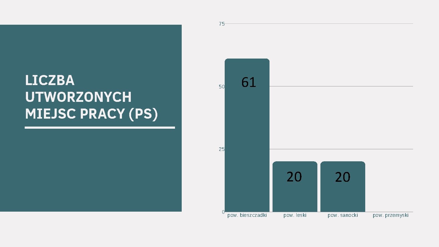 75 LICZBA UTWORZONYCH MIEJSC PRACY (PS) 50 61 25 0 pow. bieszczadki 20 20