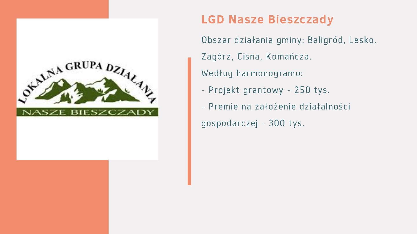 LGD Nasze Bieszczady Obszar działania gminy: Baligród, Lesko, Zagórz, Cisna, Komańcza. Według harmonogramu: -